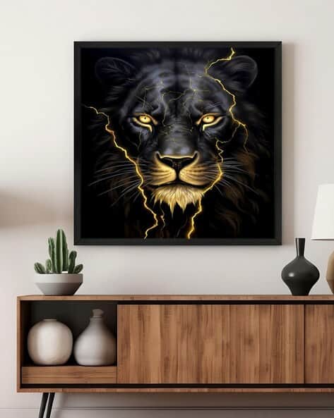 999store Square Framed Electric Lion Canvas Wall Art