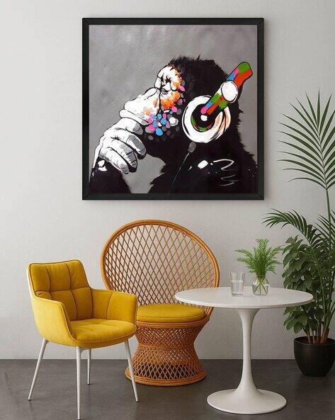 999store Square Framed Quirky Monkey with Headphones Canvas Wall Art