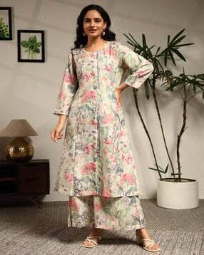 Women Floral Print A-Line Kurta with Pants-image-29
