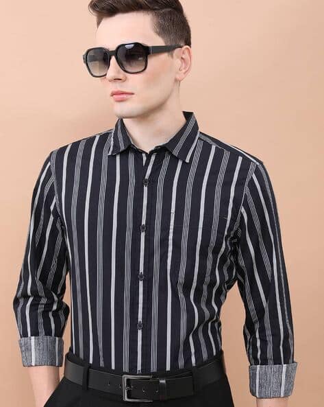 Highlander Men Vertical Striped Slim Fit Shirt with Patch Pocket