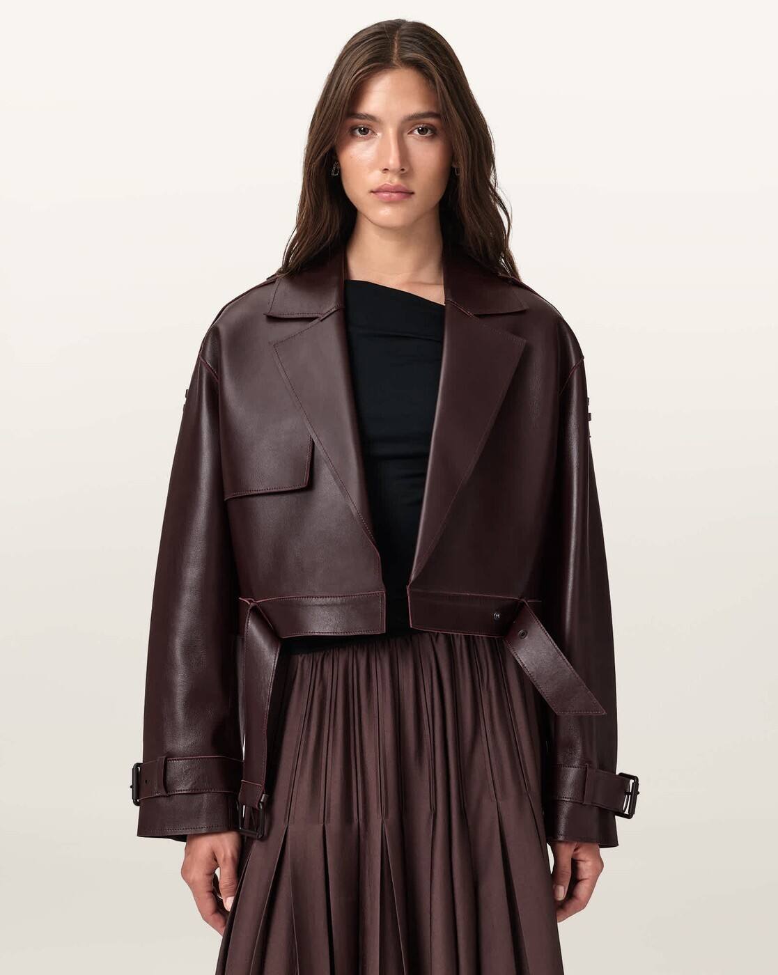 Buy ALL SAINTS Ophelia Cropped Bonded Leather Jacket | Oxblood Red