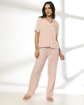Women Collar-Neck Woven Sleepwear Set