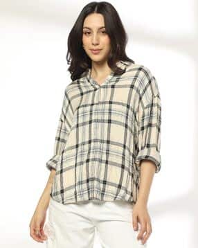 Women Checked Oversized Shirt with Drop-Shoulder Sleeves