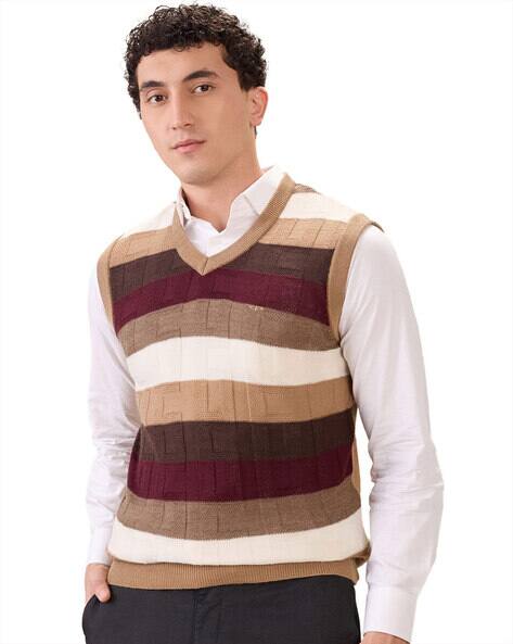 Colorplus Men Striped Regular Fit V-Neck Pullover with Ribbed Hem