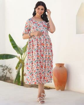 janasya Women Pure Cotton Floral Printed Fit and Flare Maternity Dress-picture-33
