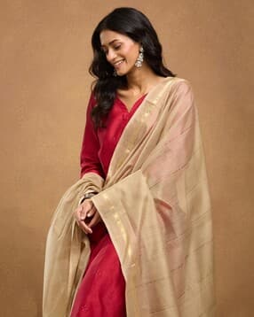 fabindia Women Striped Dupatta with Tassels-picture-32