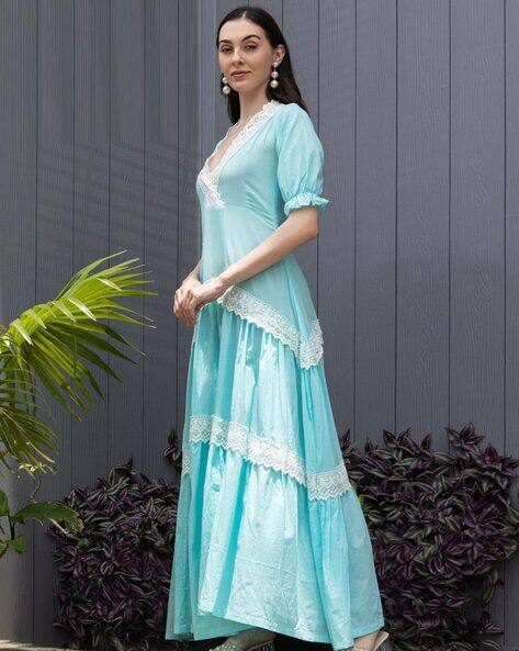 knee length dresses for ladies Plus Size Blue Chevron Melody Printed Maxi Dress Online in India