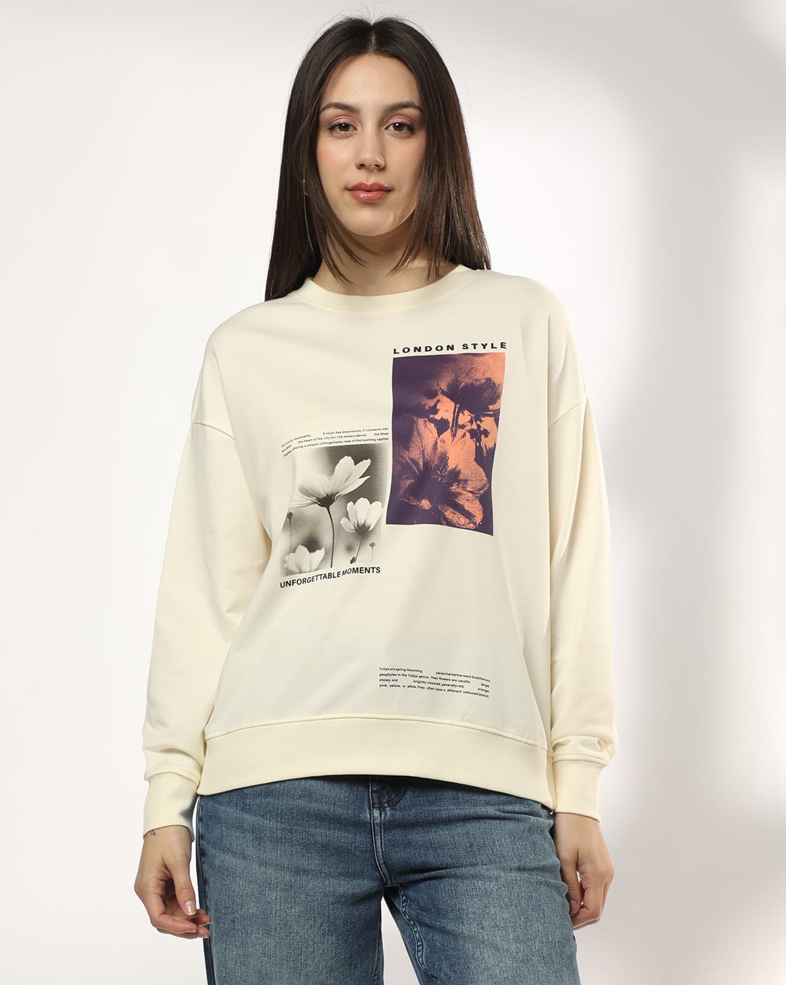 DNMX Women Graphic Print Loose Fit Sweatshirt For Women (Off-White, M)