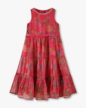 Girls Floral Print Tiered Dress