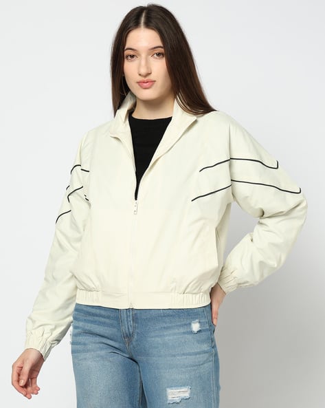 Women Contrast Piping Relaxed Fit Bomber Jacket