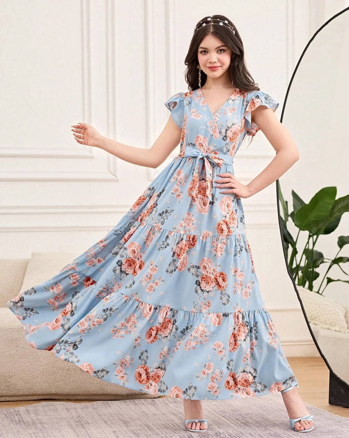 STYLECONNECT Girls Floral Gown Dress For Girls (Blue, 13-14Y)