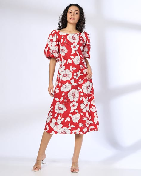 strapless open back dress Red & White Floral Printed Midi Knee Length Dress by Wyshlist