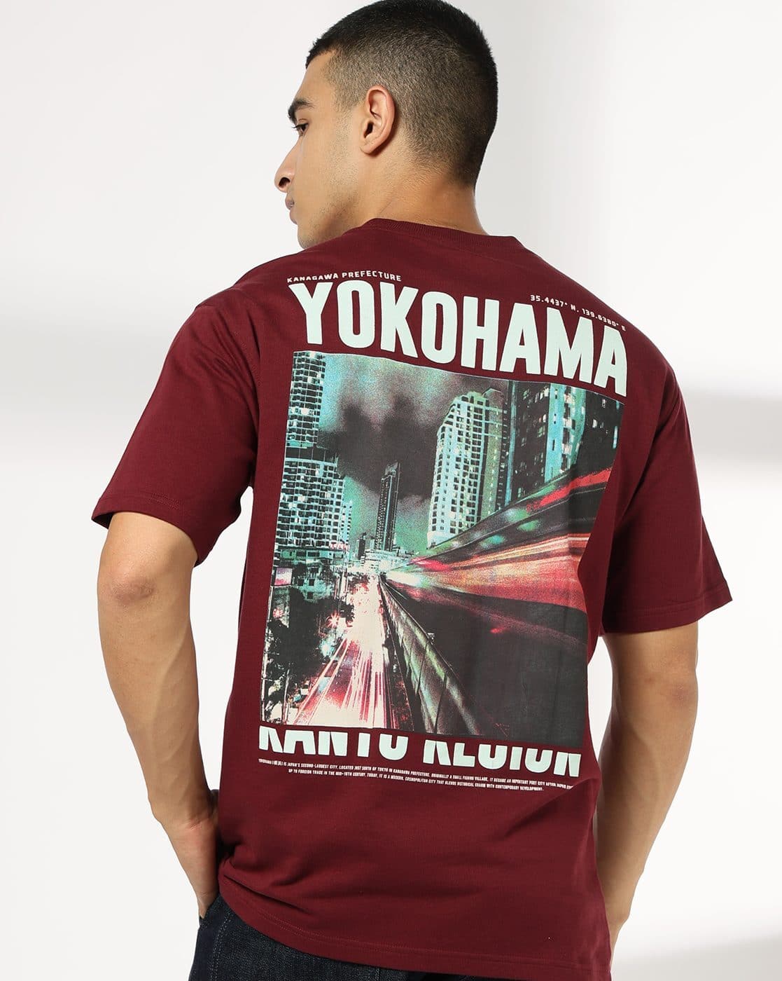 DNMX Men Graphic Print Relaxed Fit Crew-Neck T-Shirt For Men (Wine, L)