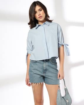 Women Relaxed Fit Cotton Crop Shirt