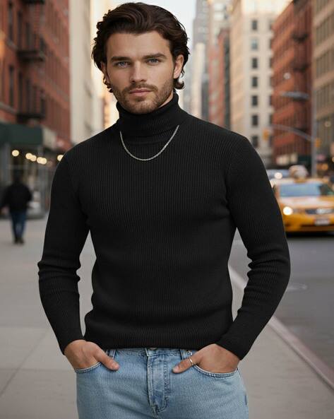NEONOMAD Men Ribbed Slim Fit High-Neck T-Shirt