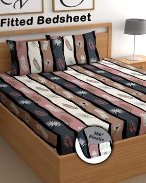 180 TC Floral Print Double Fitted Bedsheet with Pillow Covers-image-37
