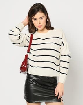 Striper full sleeve sweater, white, s