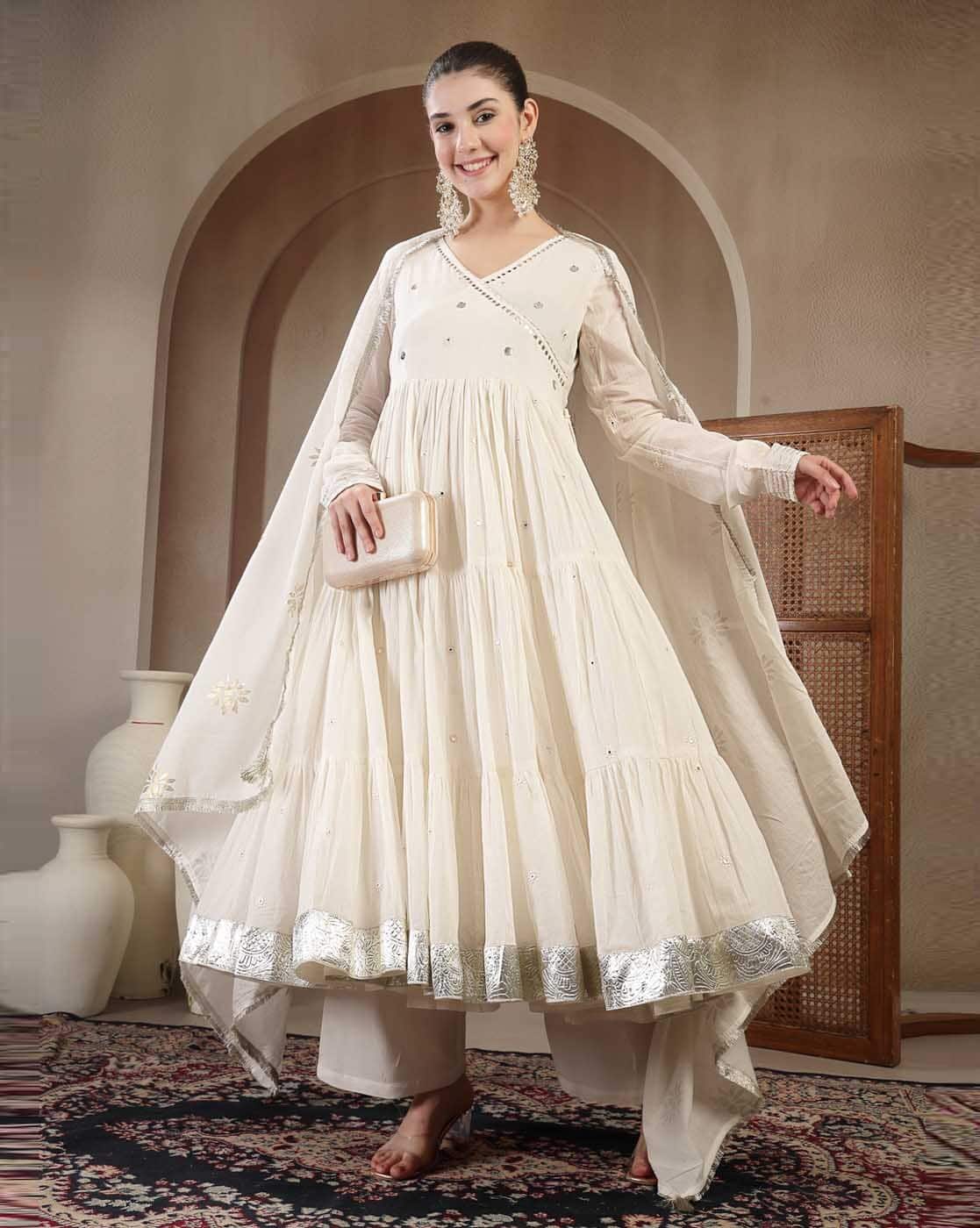 GULMOHAR JAIPUR Embellished Anarkali Kurta Set (White)