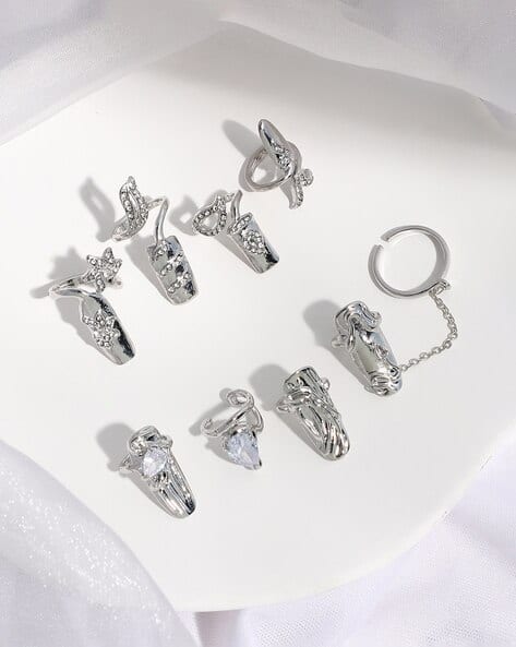 Sohi Women Set of 8 Enamel Bling Nail Rings