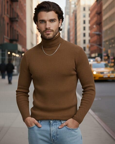 Buda Jeans Co Men Ribbed Slim Fit High-Neck T-Shirt