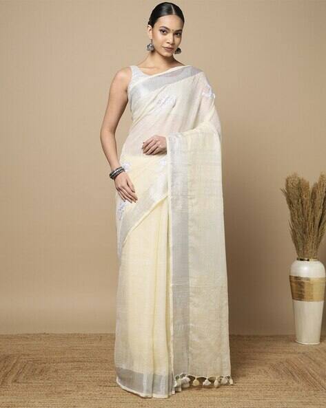 Indie Picks Hand Embroidered Pure Linen Saree