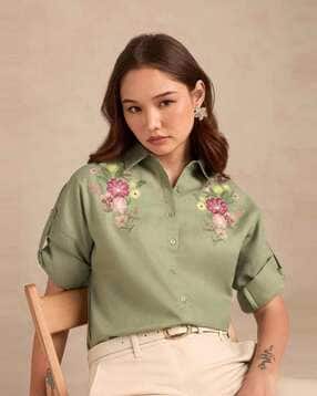 outzidr global Women Embroidered Oversized Shirt with Spread Collar-picture-11