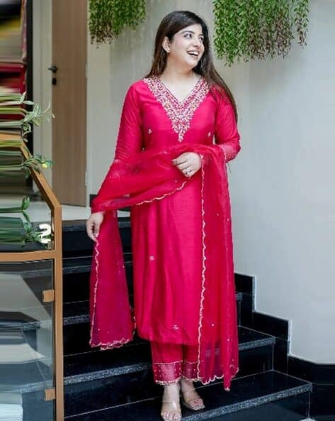 Indie Picks Embroidered Straight Kurta Set with Dupatta