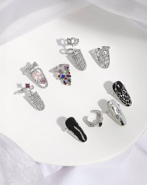 Sohi Women Set of 9 Enamel Bling Nail Rings