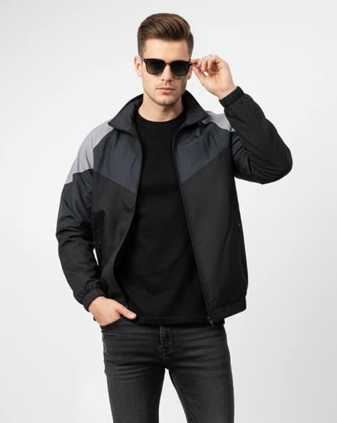 Men Colourblock High-Neck Zip-Up Track Jacket