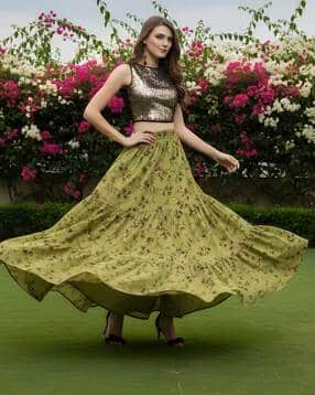 Women Floral Print Long Tiered Skirt