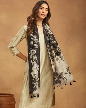 fabindia Women Floral Print Stole with Tassels-picture-51