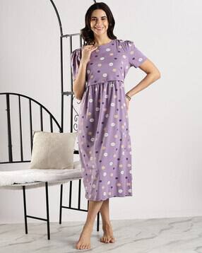 9shines label Women Smiley Print Nightgown with Puff Sleeves-picture-27