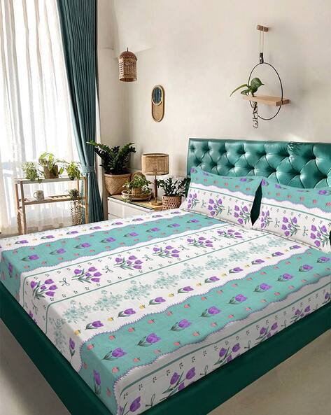 KLOTTHE 300 TC Floral Print Double Bedsheet with Pillow Covers