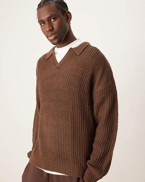 ASOS DESIGN Textured Relaxed Fit Polo Jumper with Notch-Neck