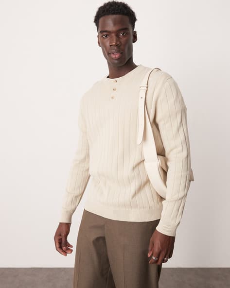 ASOS DESIGN Wide Rib Knitted Relaxed Fit Jumper with Grandad Neck