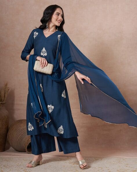 SVARAA Women Embroidered Straight Kurta Suit Set