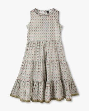 Girls Micro Print Cotton Tiered Dress