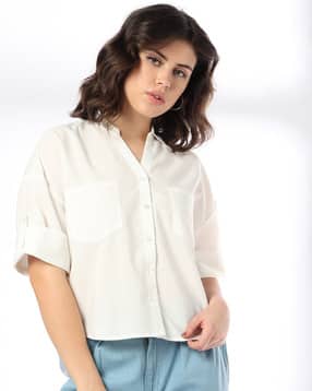 Women Relaxed Fit Cotton Shirt with Patch Pockets