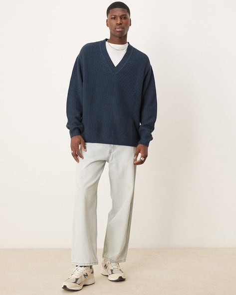 ASOS DESIGN Fisherman Rib Oversized V-Neck Jumper