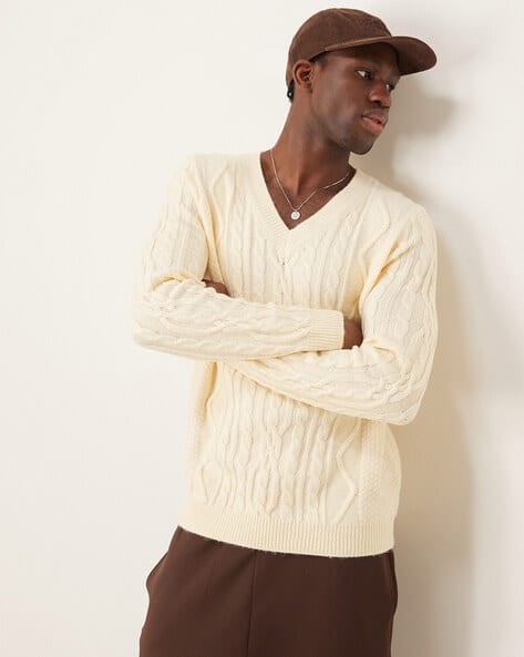 ASOS DESIGN Cable-Knit Heavyweight V-Neck Jumper