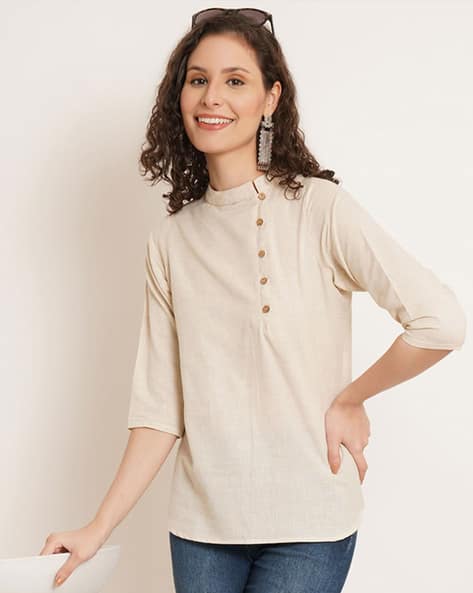 ROSEVERSE Women Regular Fit Mandarin-Neck Top