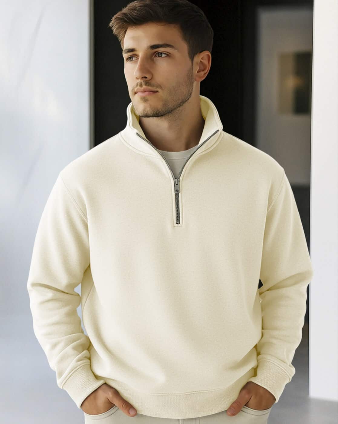 Buda Jeans Co Men Regular Fit Sweatshirt with Half-Zip Closure For Men (White, L)