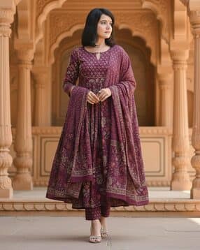 Women Floral Print Anarkali Kurta with Pants & Dupatta Set -image-38