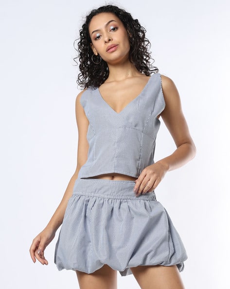 Buda Jeans Co Striped V-Neck Crop Top & Skirt Co-Ord Set