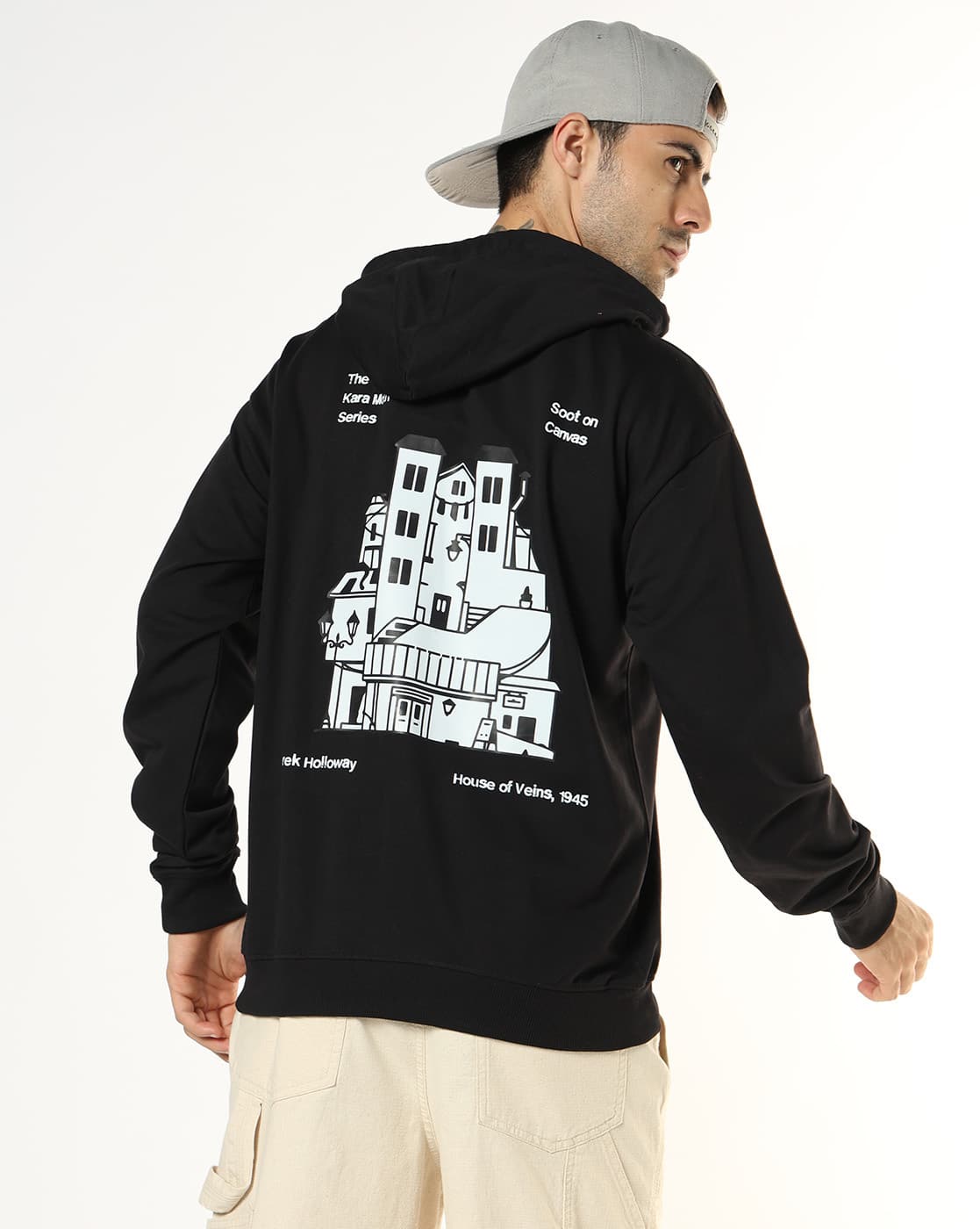 Buda Jeans Co Men Typographic Print Oversized Fit Hoodie For Men (Black, M)