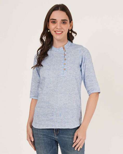 Acai Women Heathered Mandarin-Collar Regular Fit Top