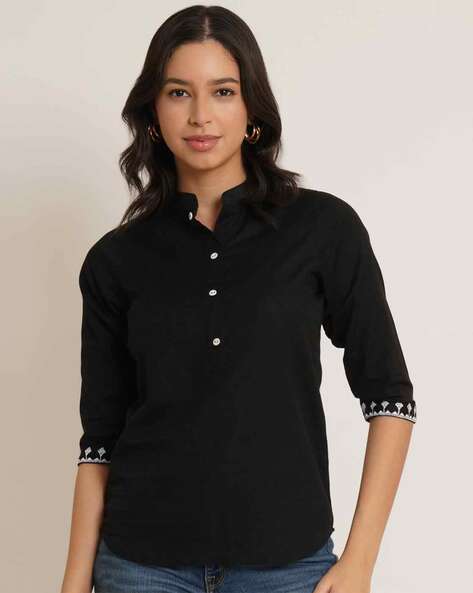 Acai Women Embroidered Mandarin-Collar Regular Fit Top