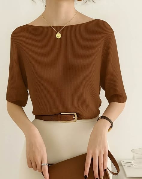 WANQUILA Women Ribbed T-Shirt with Boat-Neck