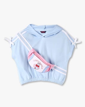 Girls Typographic Print Hooded T-Shirt with Waist Bag