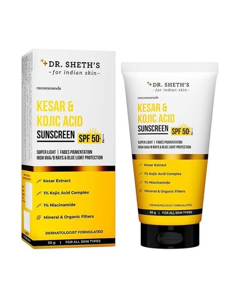 Dr.sheth's Kesar & Kojic Sunscreen SPF 50+ PA++++ In-Vivo Tested for Pigmentation-Free Skin (50g)